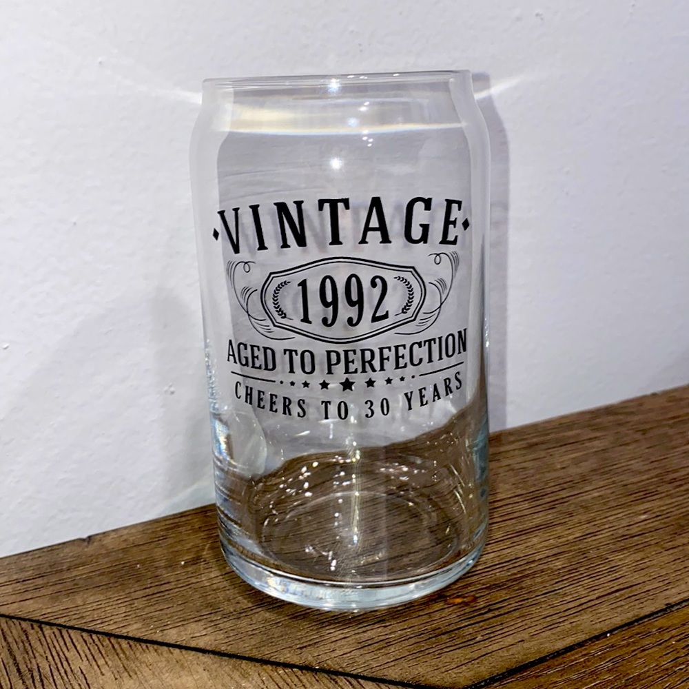 Vintage 1992 Printed 16oz Beer Can Glass - 30th Birthday Gift Aged to Perfection